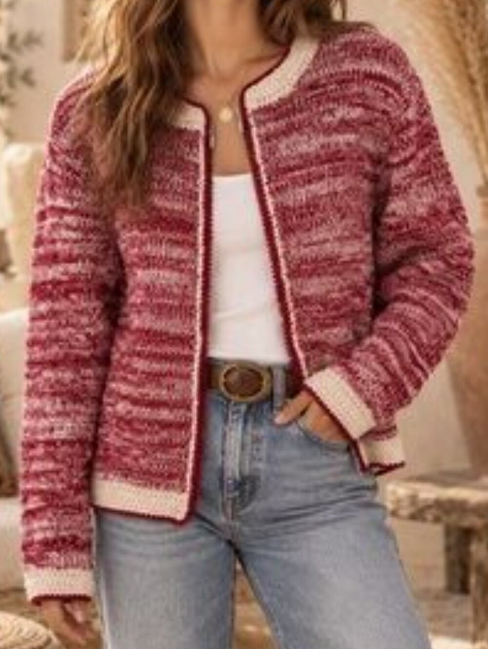 J. Jill Red Cream Woven Knit Full Zip Cardigan Size M